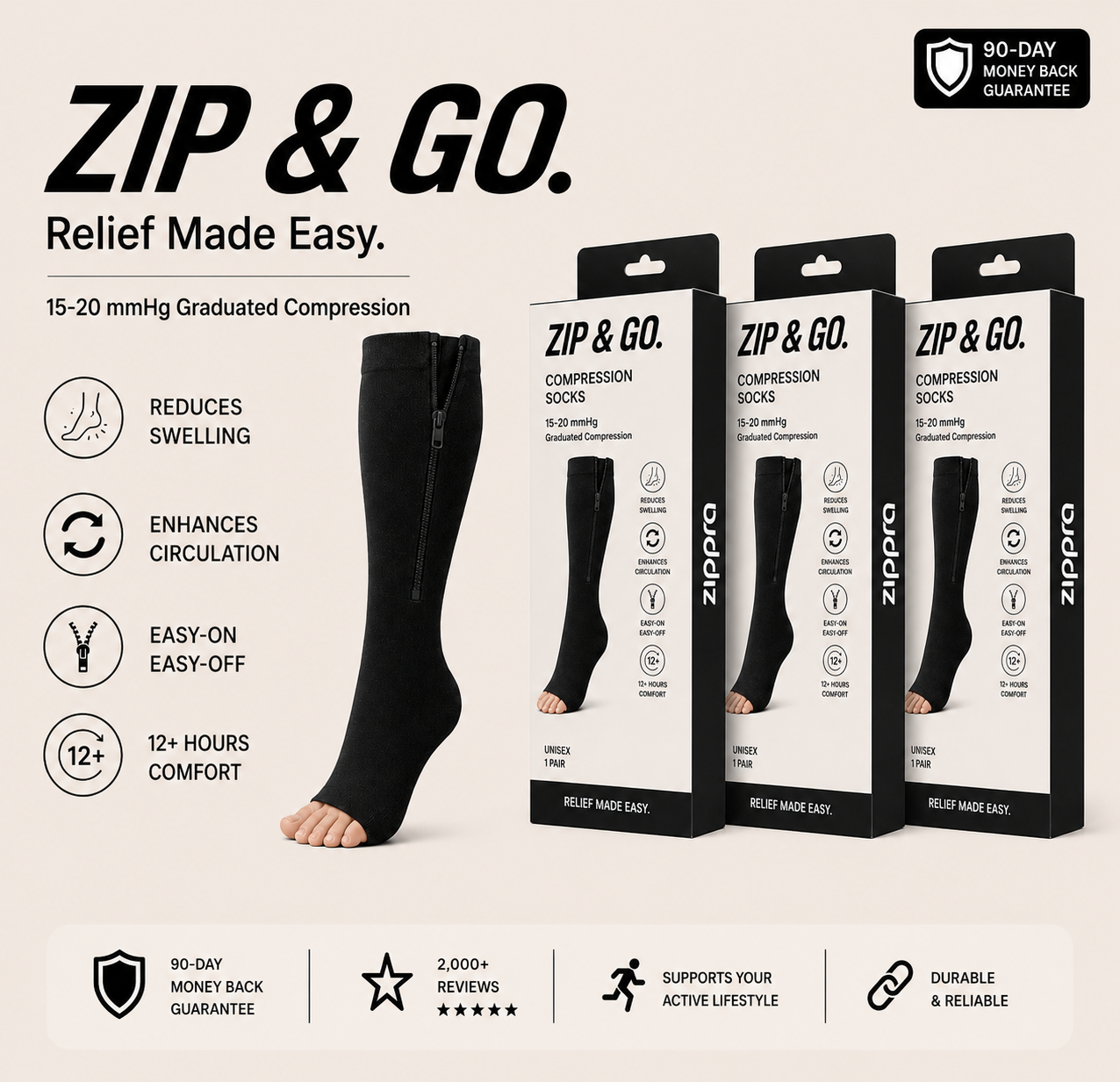 Zippra Pull-Free Compression Socks