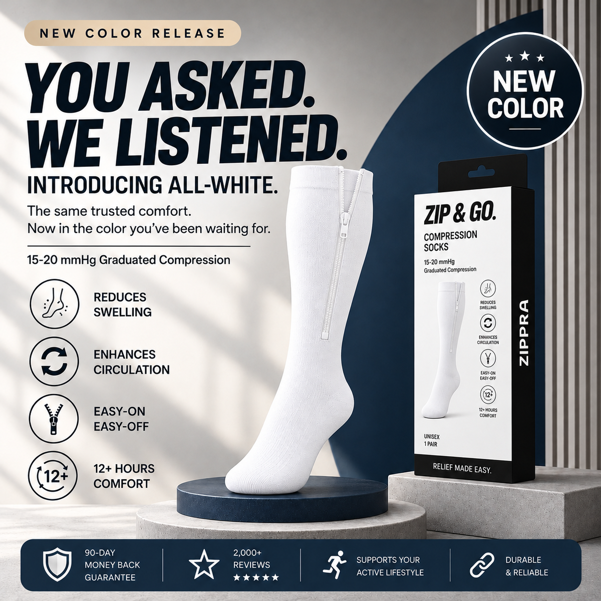 ZIPPRA COMPRESSION SOCKS - PREORDER WHITE COLOR