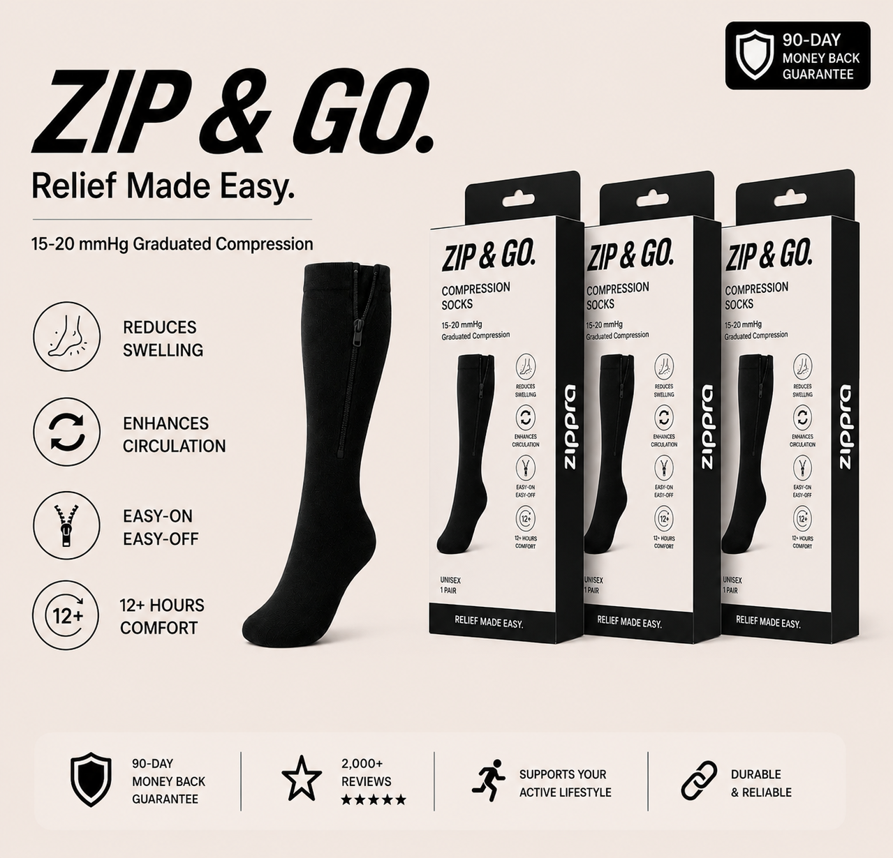 Zippra Pull-Free Compression Socks